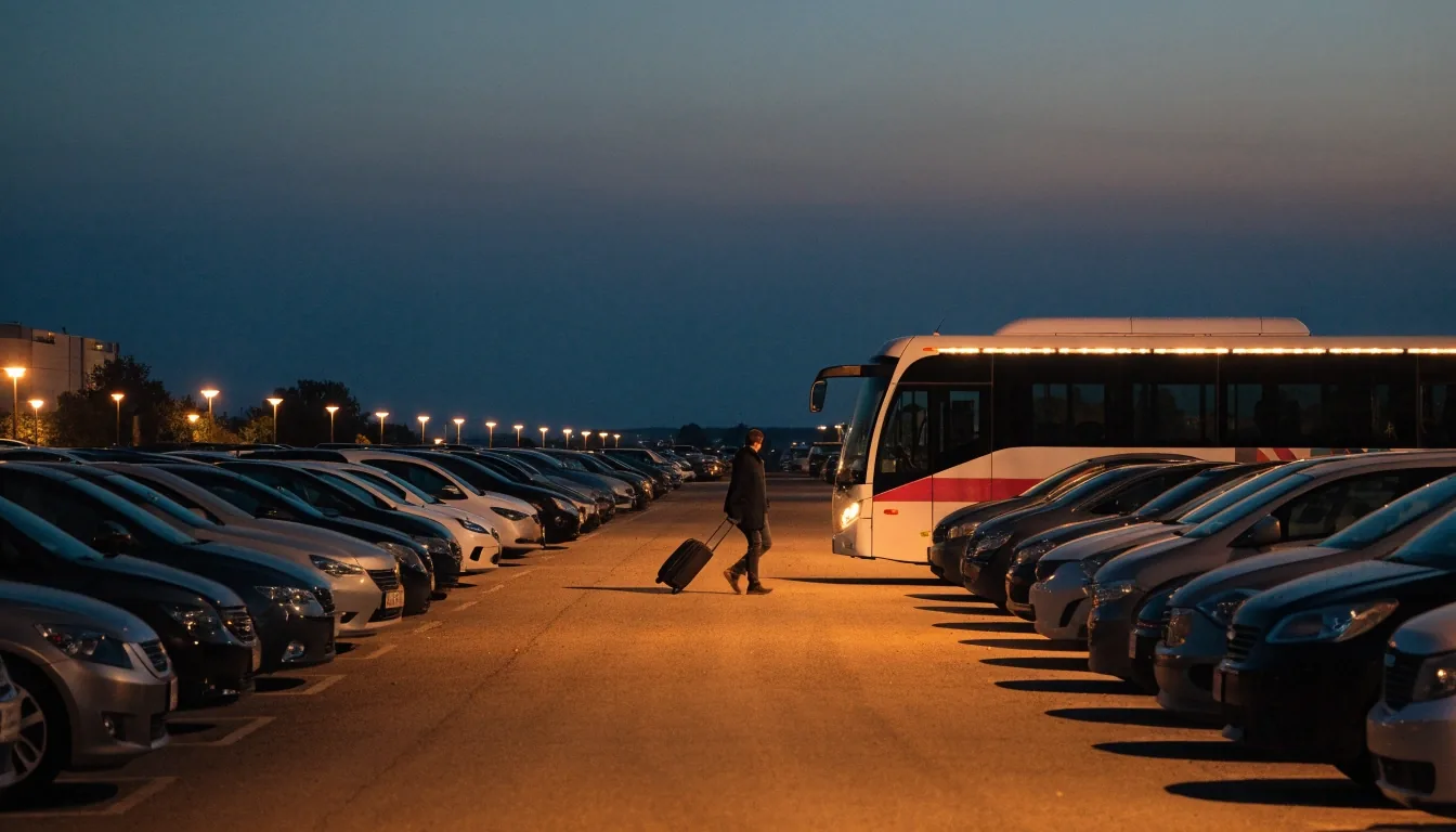 Long-stay lot with shuttle at dusk