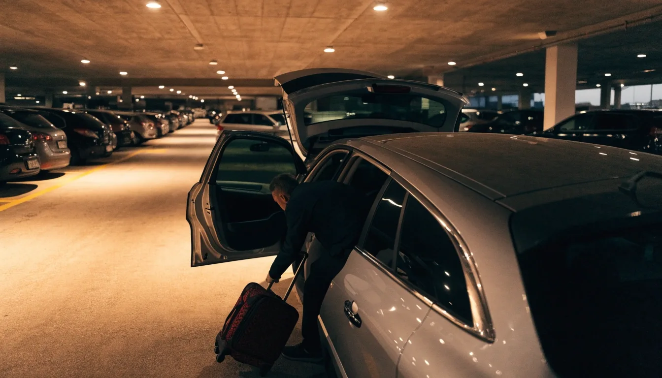 Multi-storey car park ramp at dusk