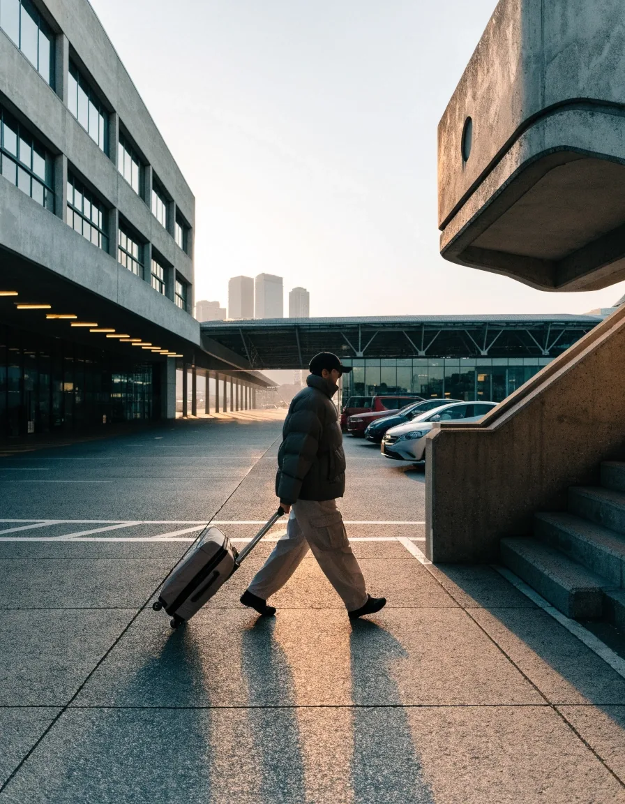 Traveller with suitcase walking to the terminal
