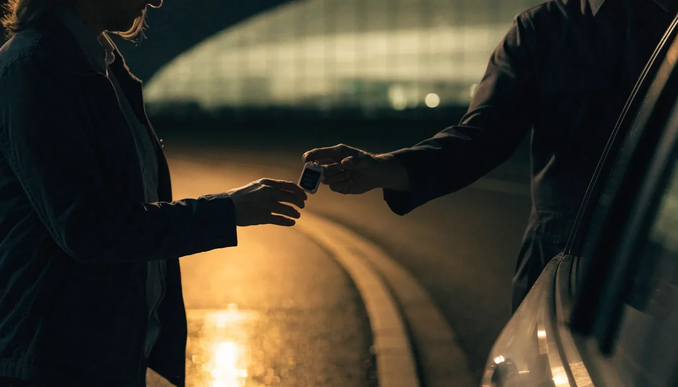 Valet key handover at the Sydney Airport kerb at night