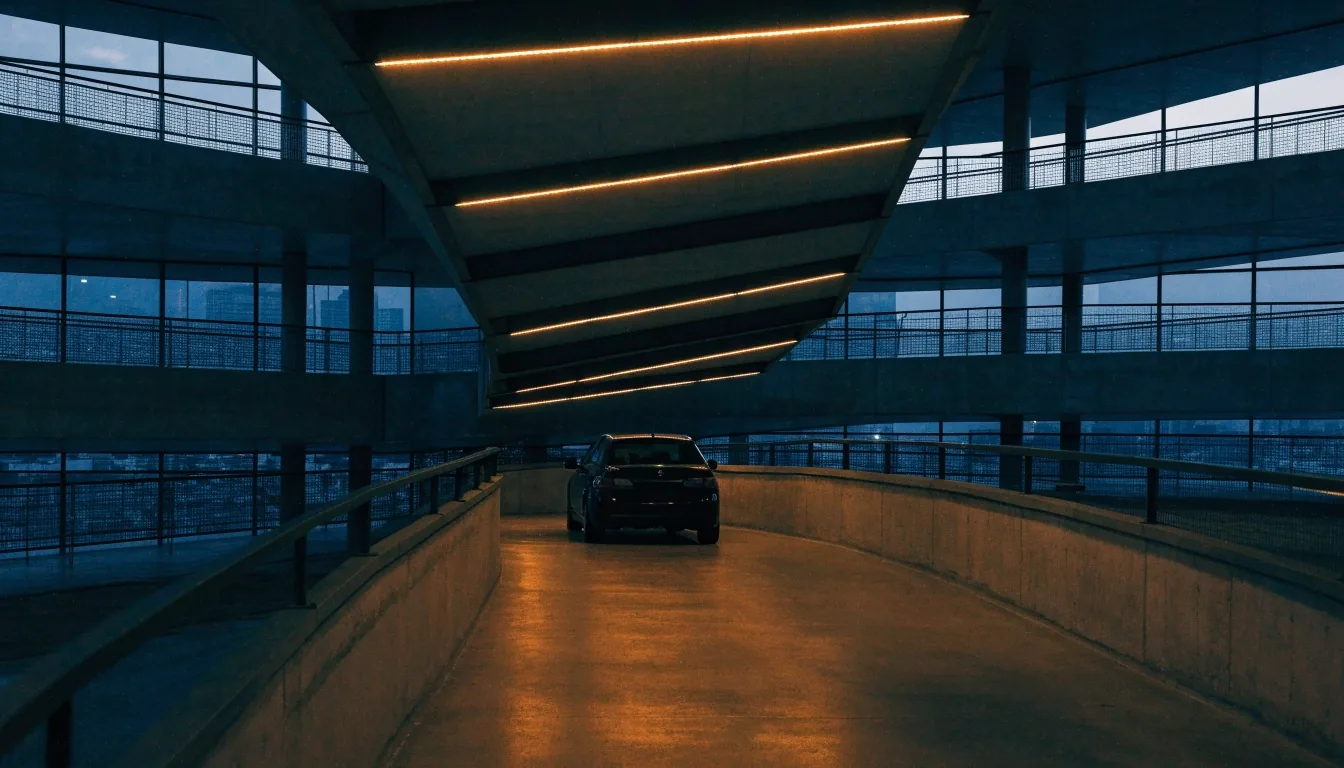 Multi-storey airport car park interior at dusk