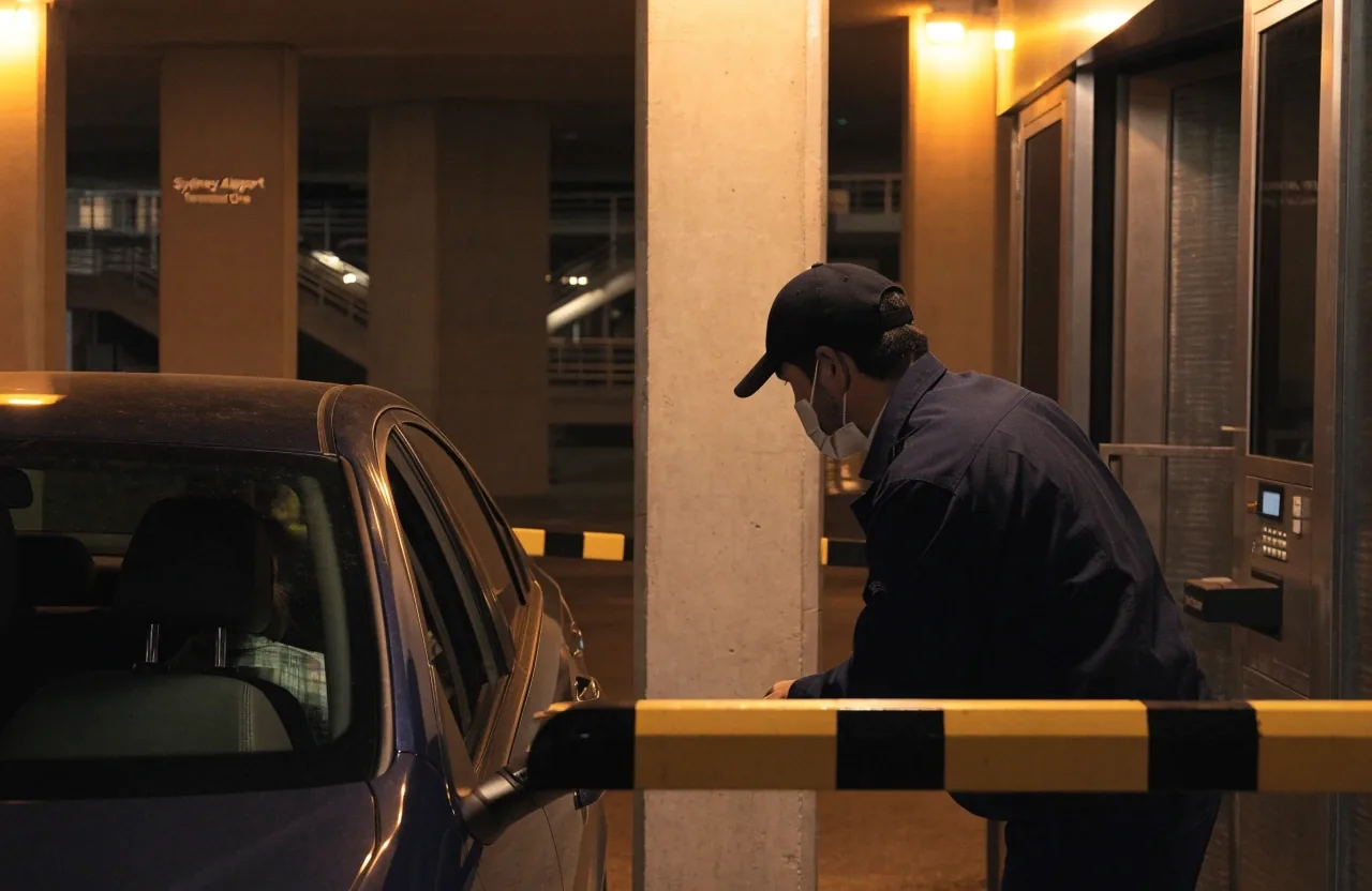 Traveller with suitcase at the airport pick-up kerb at night