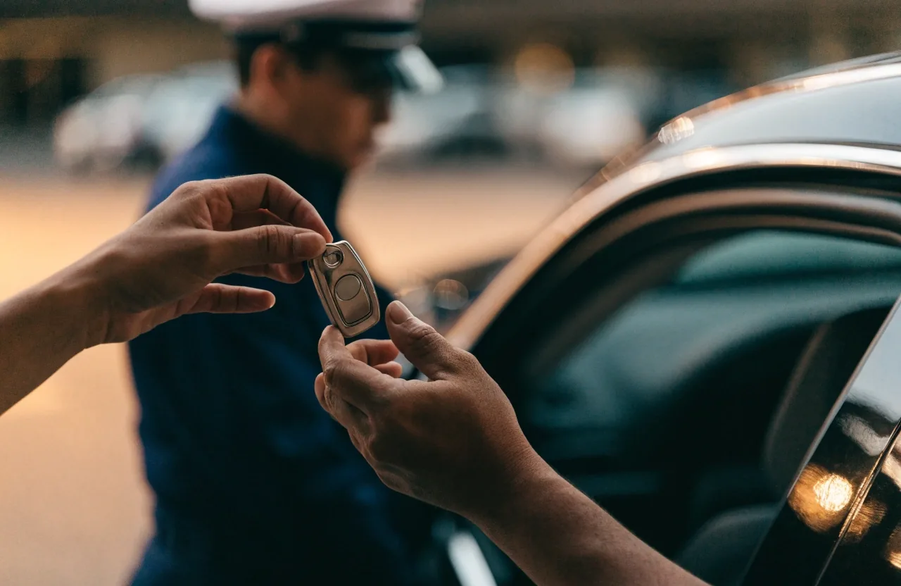 Hands exchanging a car key at an airport valet point