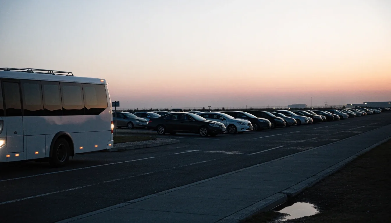 Shuttle bus at long-stay parking lot at dusk