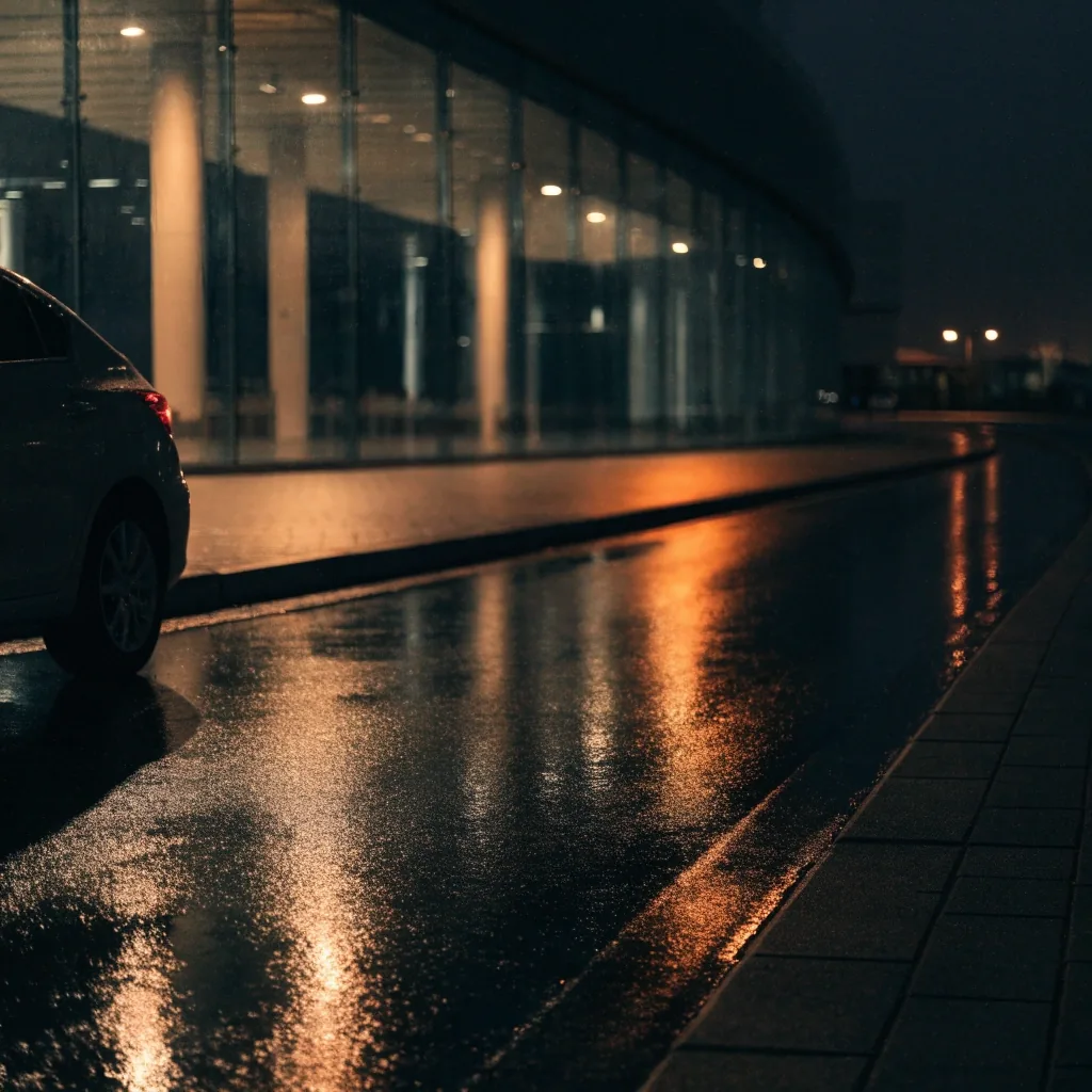 Sydney Airport arrivals kerb at night with wet asphalt and terminal glass