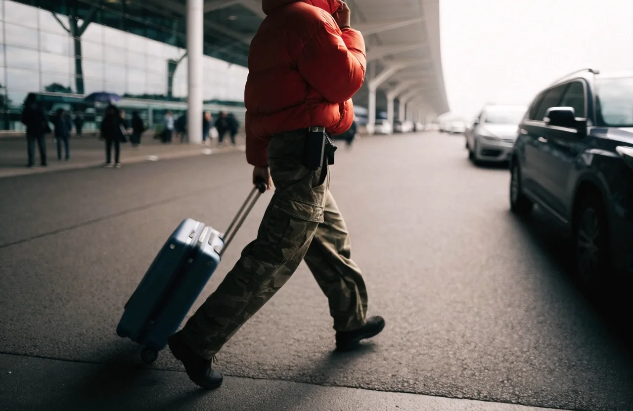 Traveller with suitcase at Sydney Airport domestic kerb