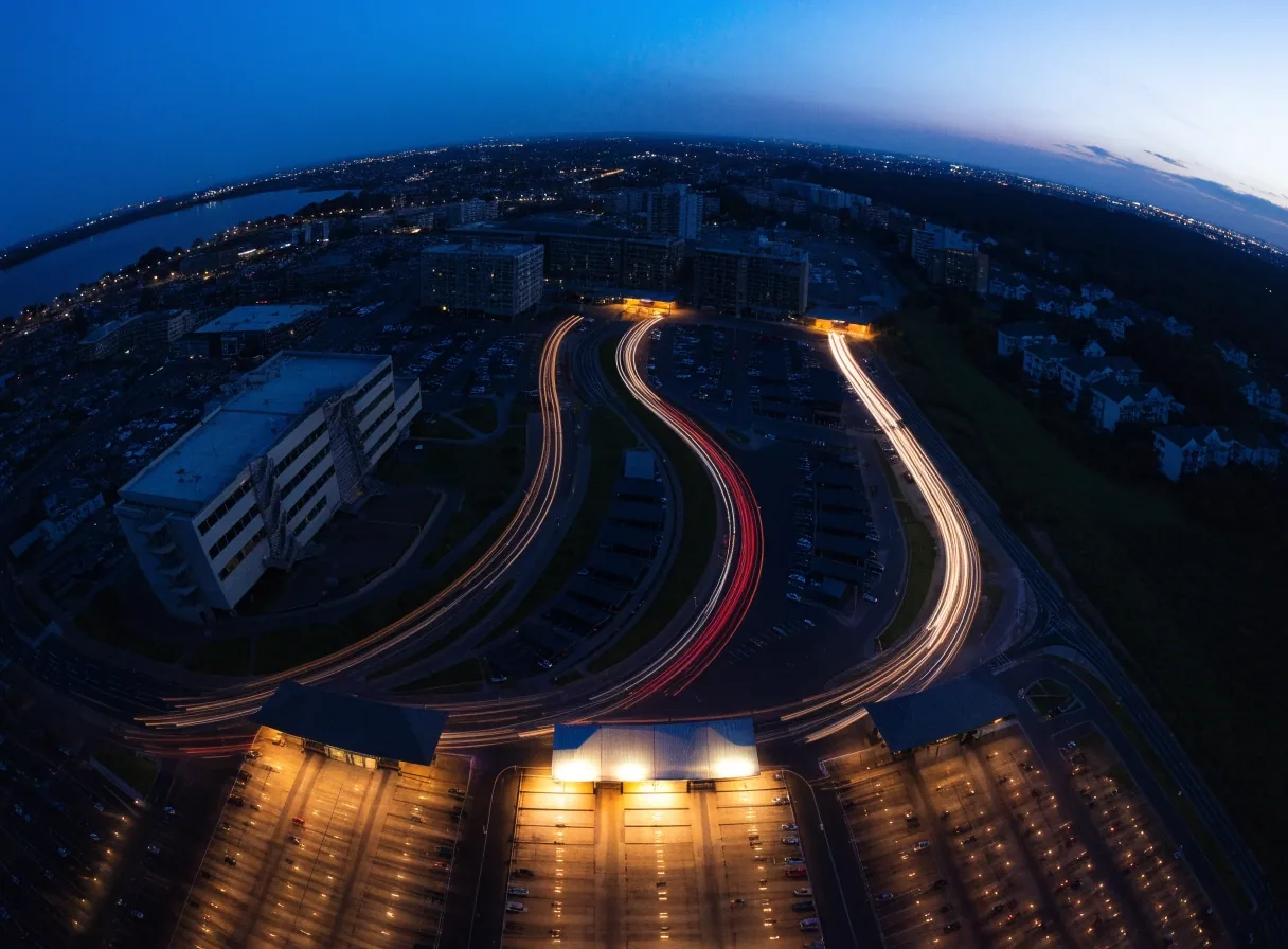 Aerial view of domestic terminal precinct and car parks at night