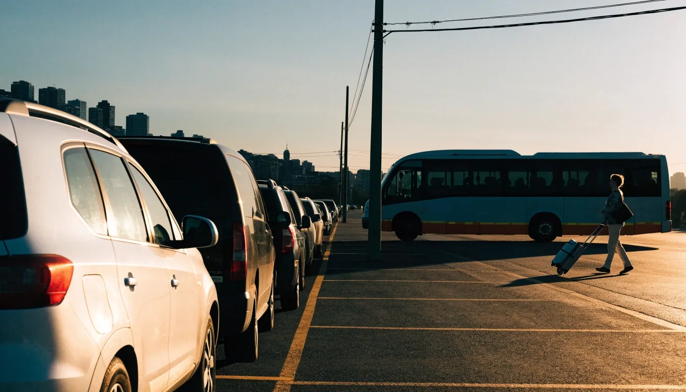 Blu Emu long-stay lot with shuttle at dusk