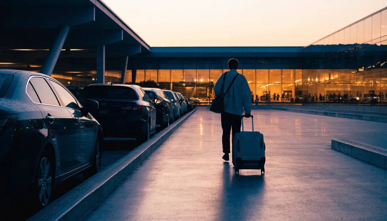 Traveller with suitcase walking toward the terminal