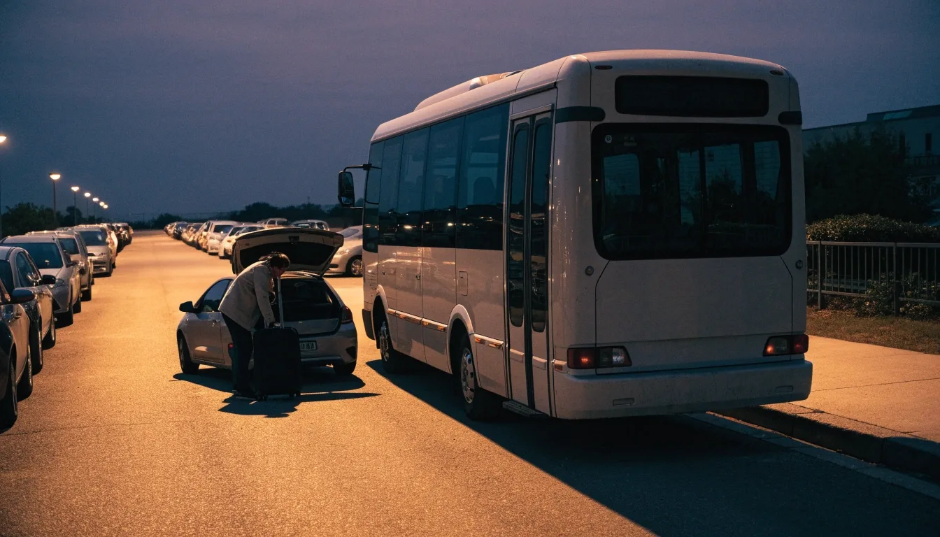 Blu Emu off-airport long-stay lot with shuttle at dusk