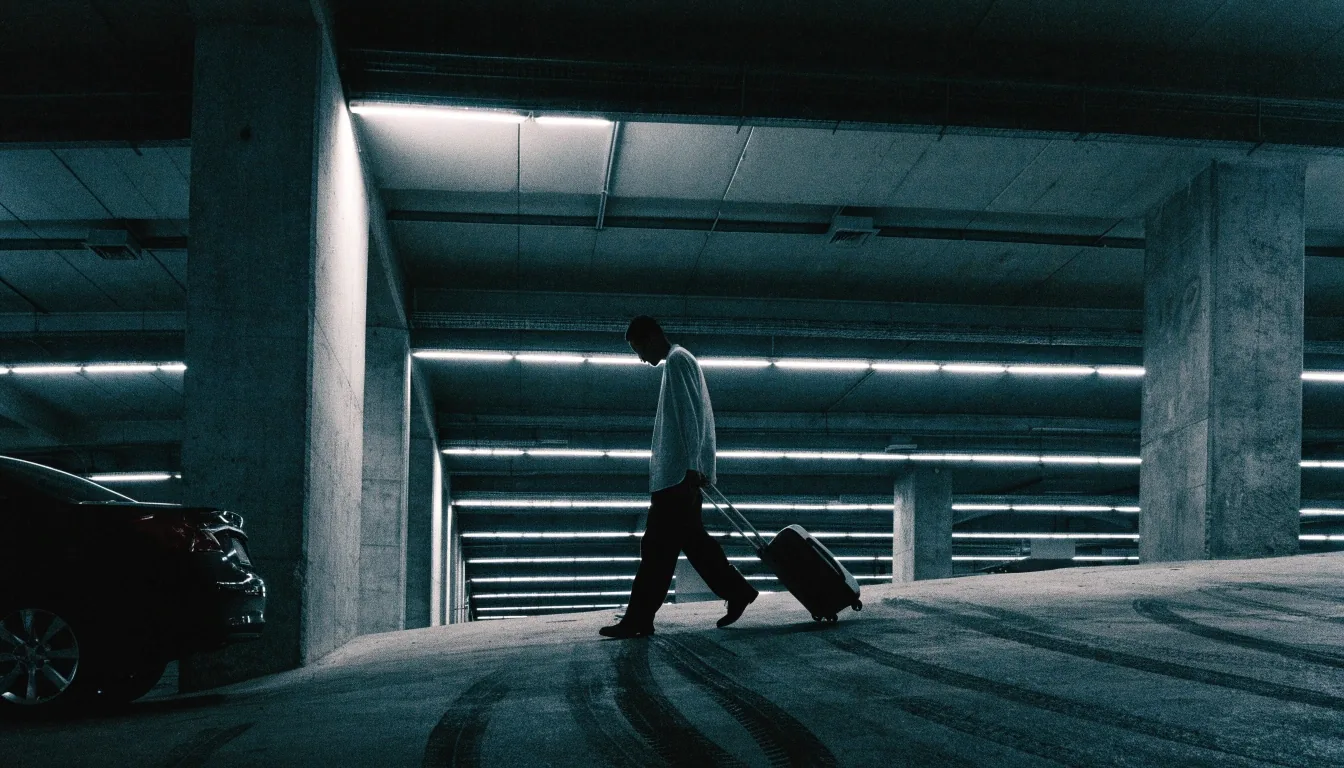 Multi-storey car park interior at Sydney Airport at night
