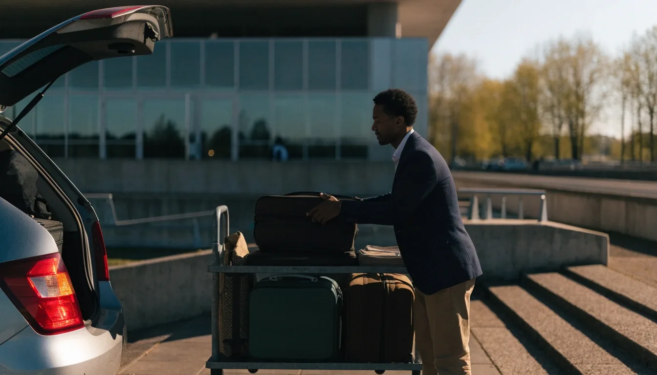 Traveller walking from car park toward terminal with suitcase