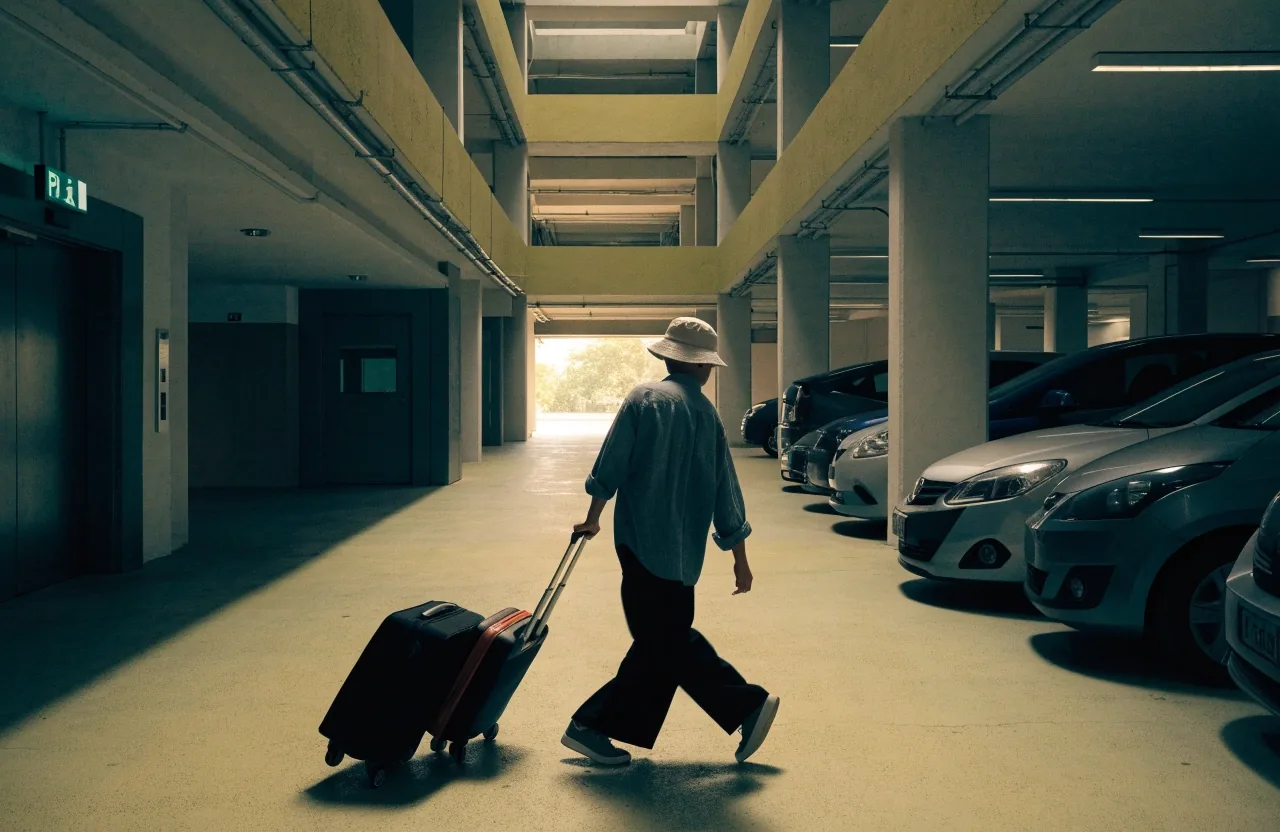Traveller with suitcase walking in P2 multi-storey car park
