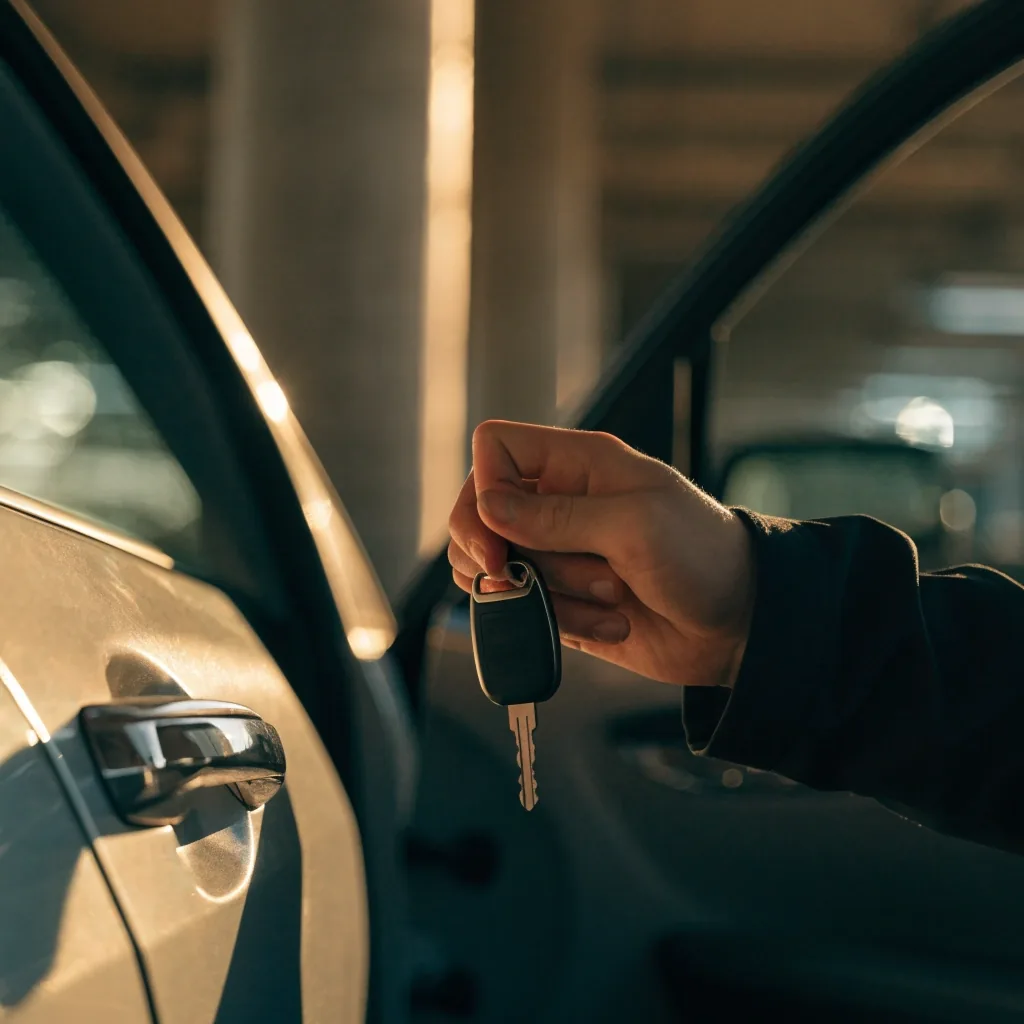 Hands exchanging a car key beside a car door in warm low light