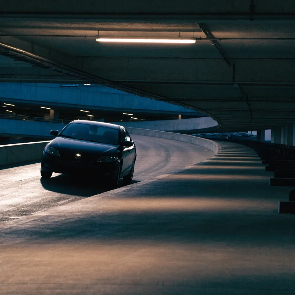 Inside a multi-storey airport car park at dusk with a car on the ramp