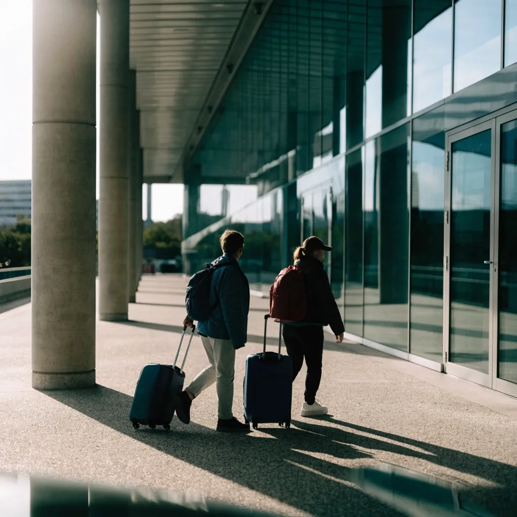 Traveller with suitcase at the Sydney Airport domestic kerb in daylight