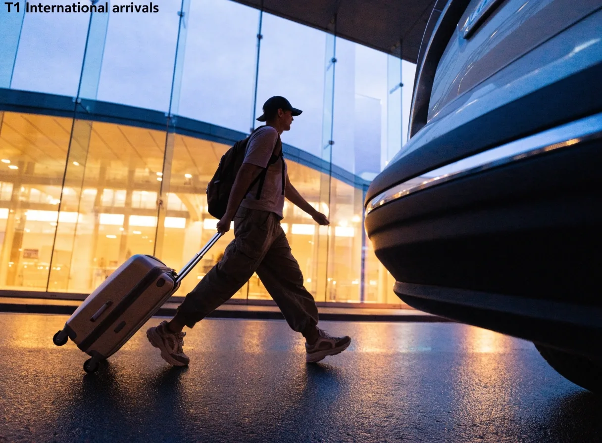 Arrivals kerb and terminal glass at T1 International