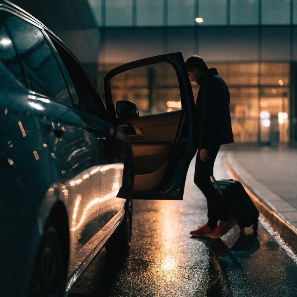 Traveller with suitcase at the T1 kerb at night
