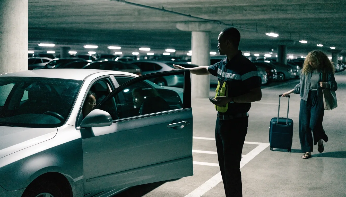 Valet key handover beside a car door at night