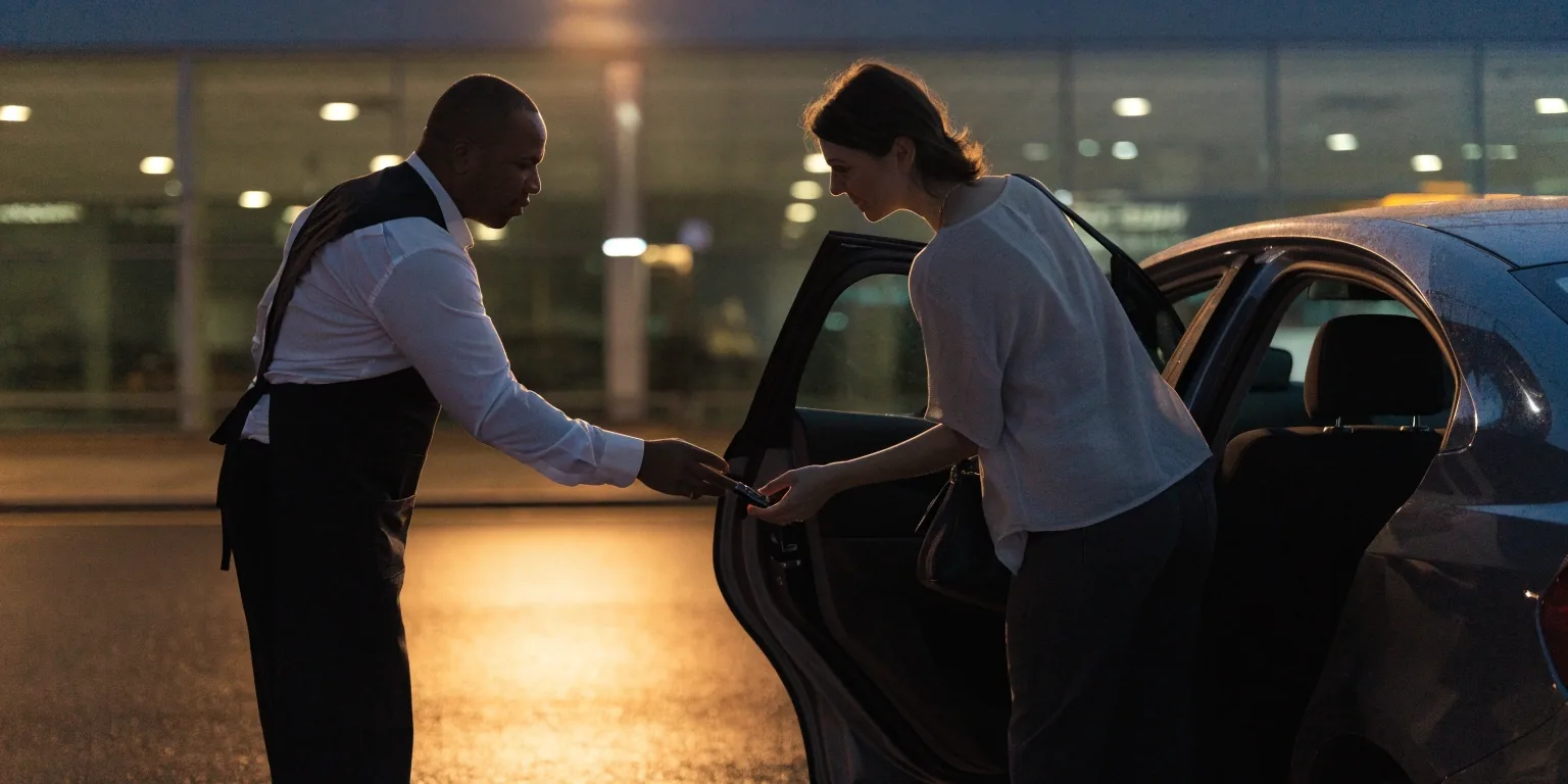 Valet handover at the Sydney Airport T1 kerb at night